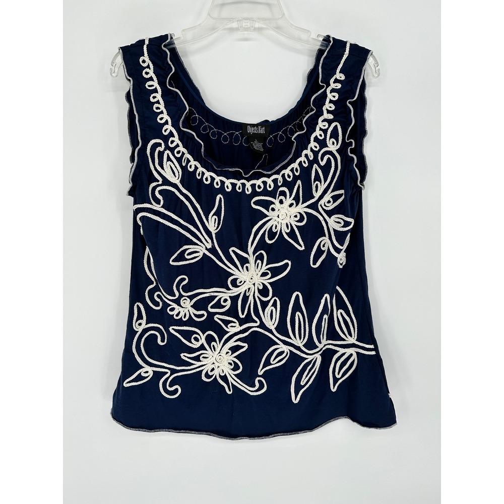 Objects D'Art Navy Blue Sleeveless Top White‎ Floral Rope Embroidery Ruffle L